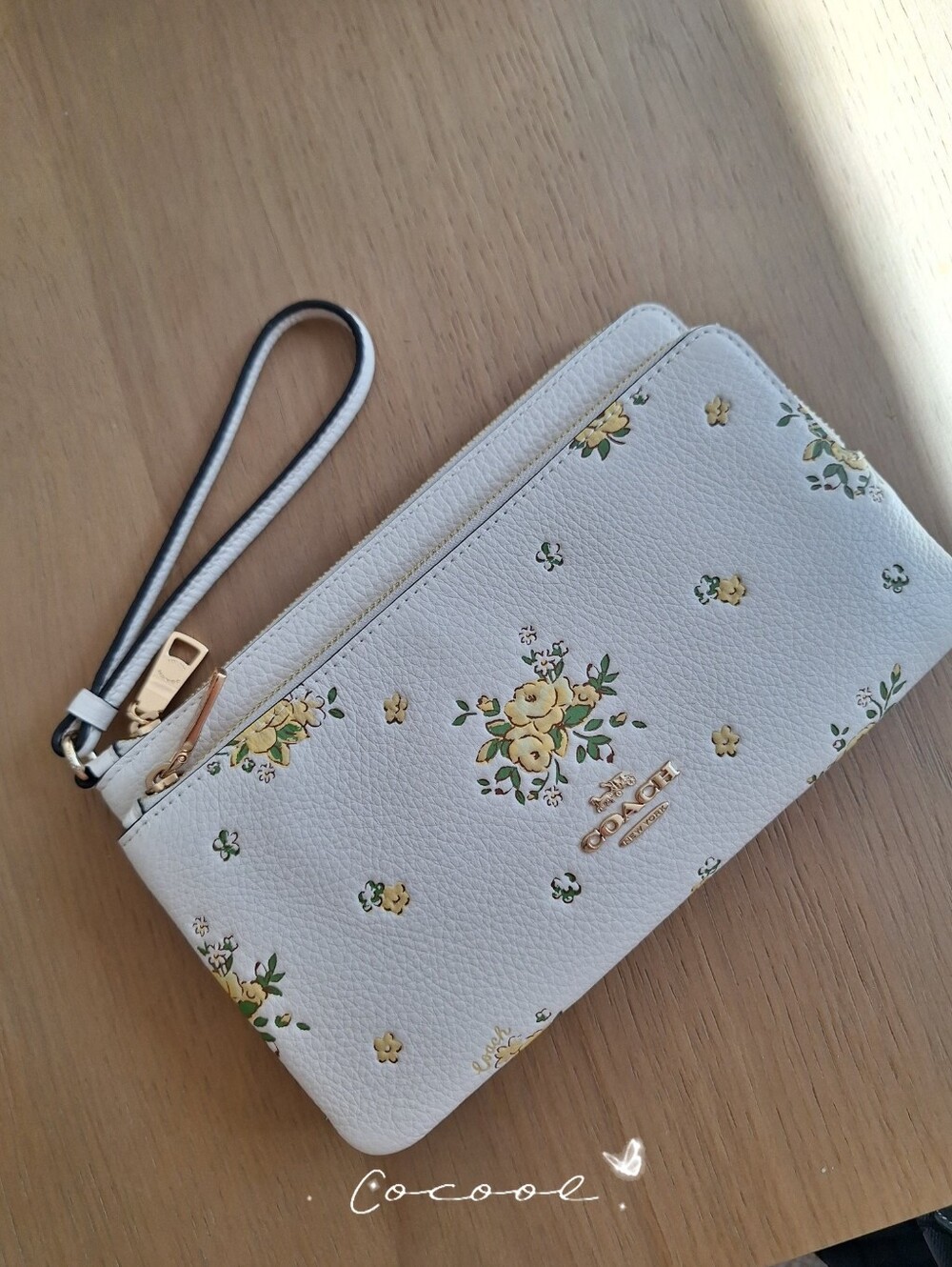NWT Coach CAY51 Double Zip Wallet With Floral Print Pebble Leather Chalk Multi